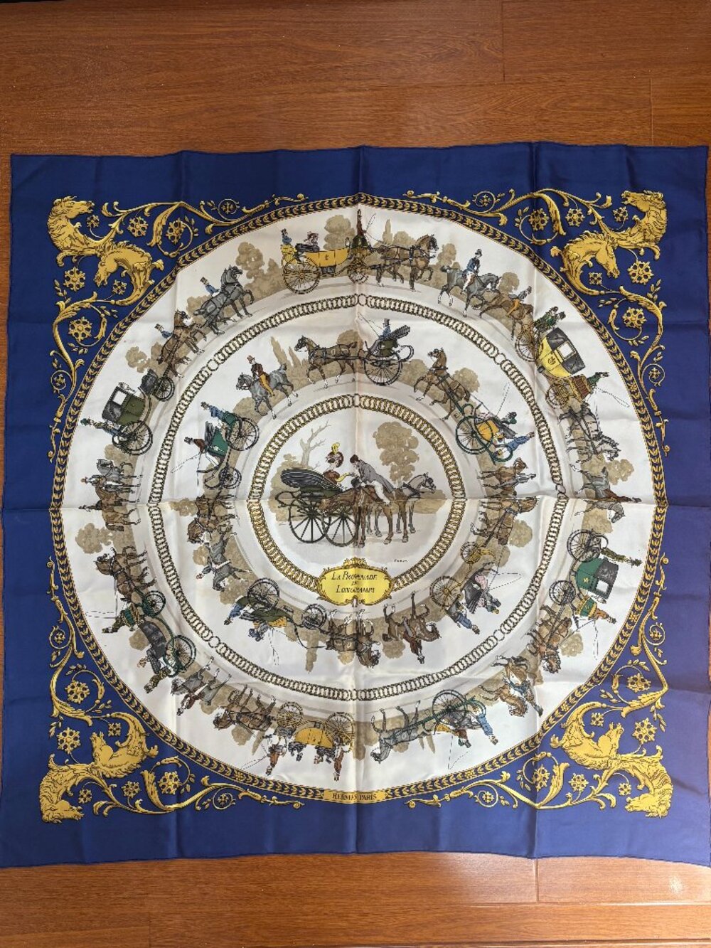Authentic HERMES Carre 90 Scarf "LA PROMENADE DE LONGCHAMPS" Silk Blue - Picture 3 of 8